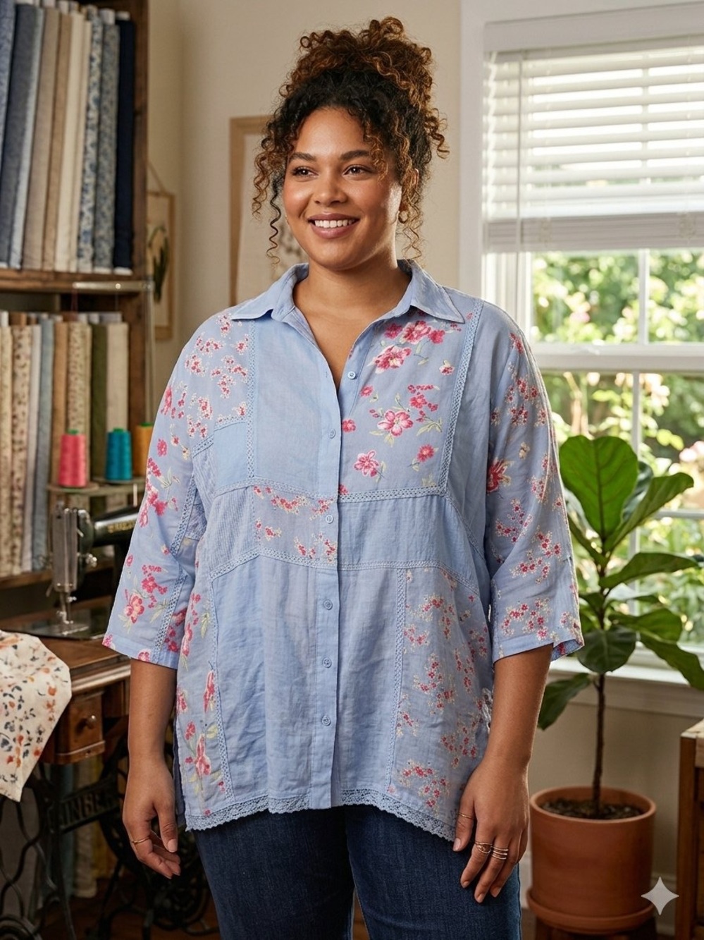 Roamans Light Blue Floral Button-Up Blouse Size 22W